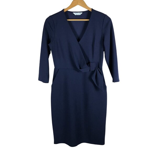 ESTELLE Indigo Structured Crepe Faux Wrap Sheath Dress SMALL - Picture 3 of 10